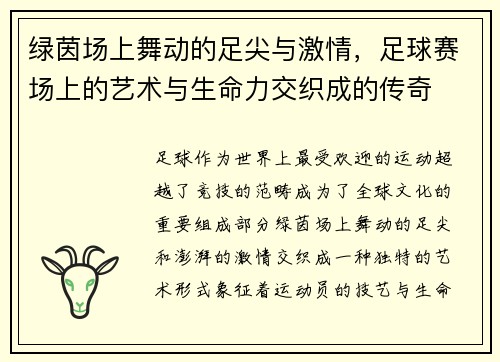 绿茵场上舞动的足尖与激情，足球赛场上的艺术与生命力交织成的传奇