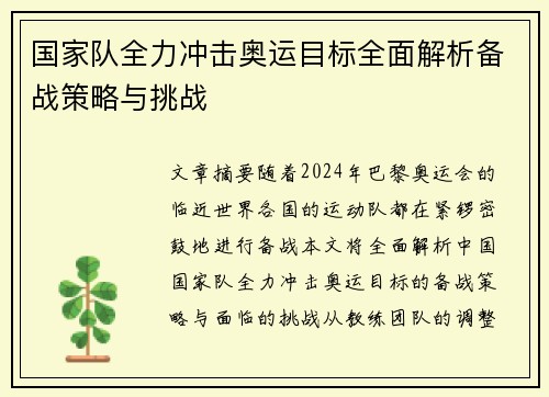 国家队全力冲击奥运目标全面解析备战策略与挑战